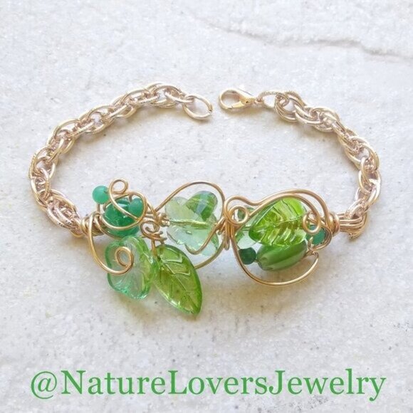 Whimsical Spring Bracelet - Green Leaves Butterflies Flowers! Uniquely Handmade - Picture 5 of 11
